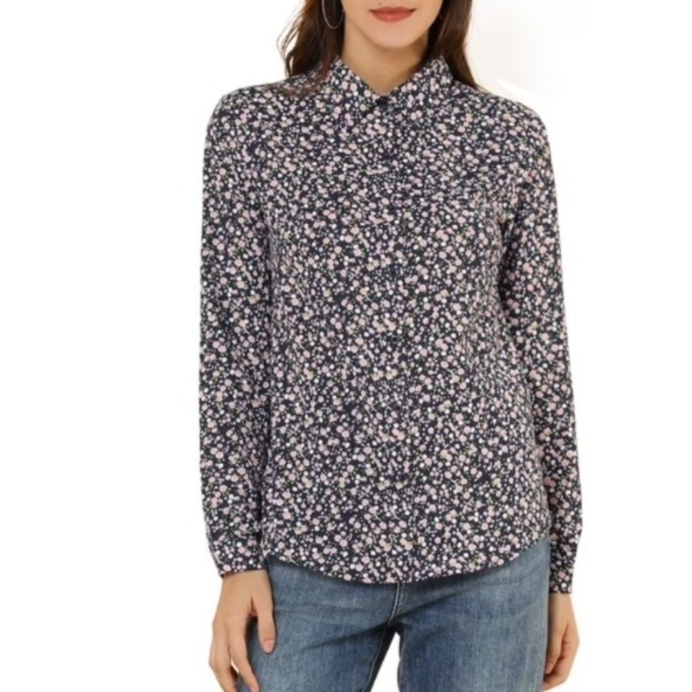 Allegra K Womens XL Navy Blue Ditsy Floral Button Down Blouse Shirt NWT